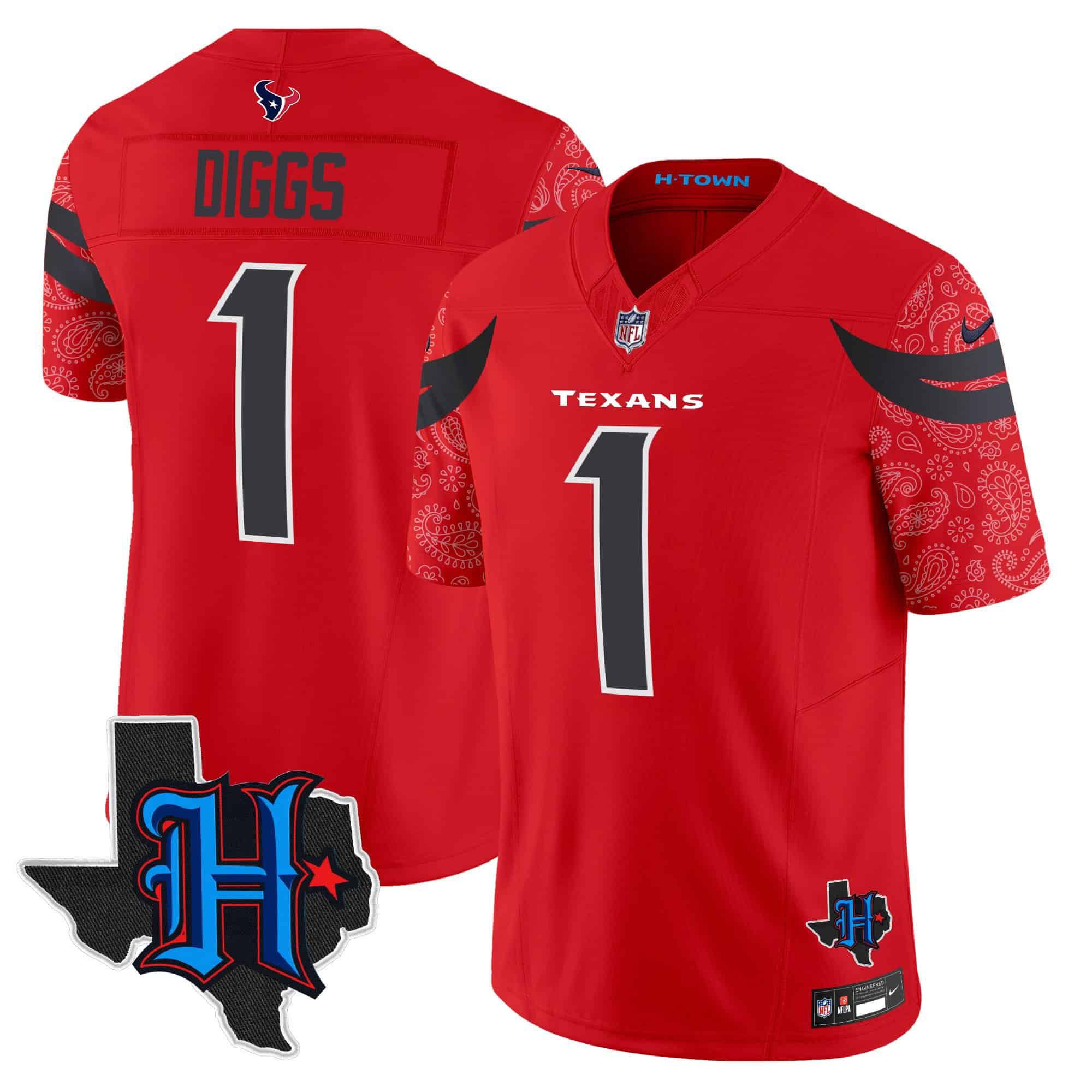 Men Houston Texans #1 Diggs Red 2024 Nike Texas Patch Vapor Limited NFL Jersey